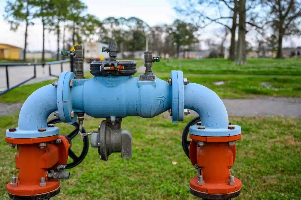 Red And Blue Water Pipe With Backflow Prevention